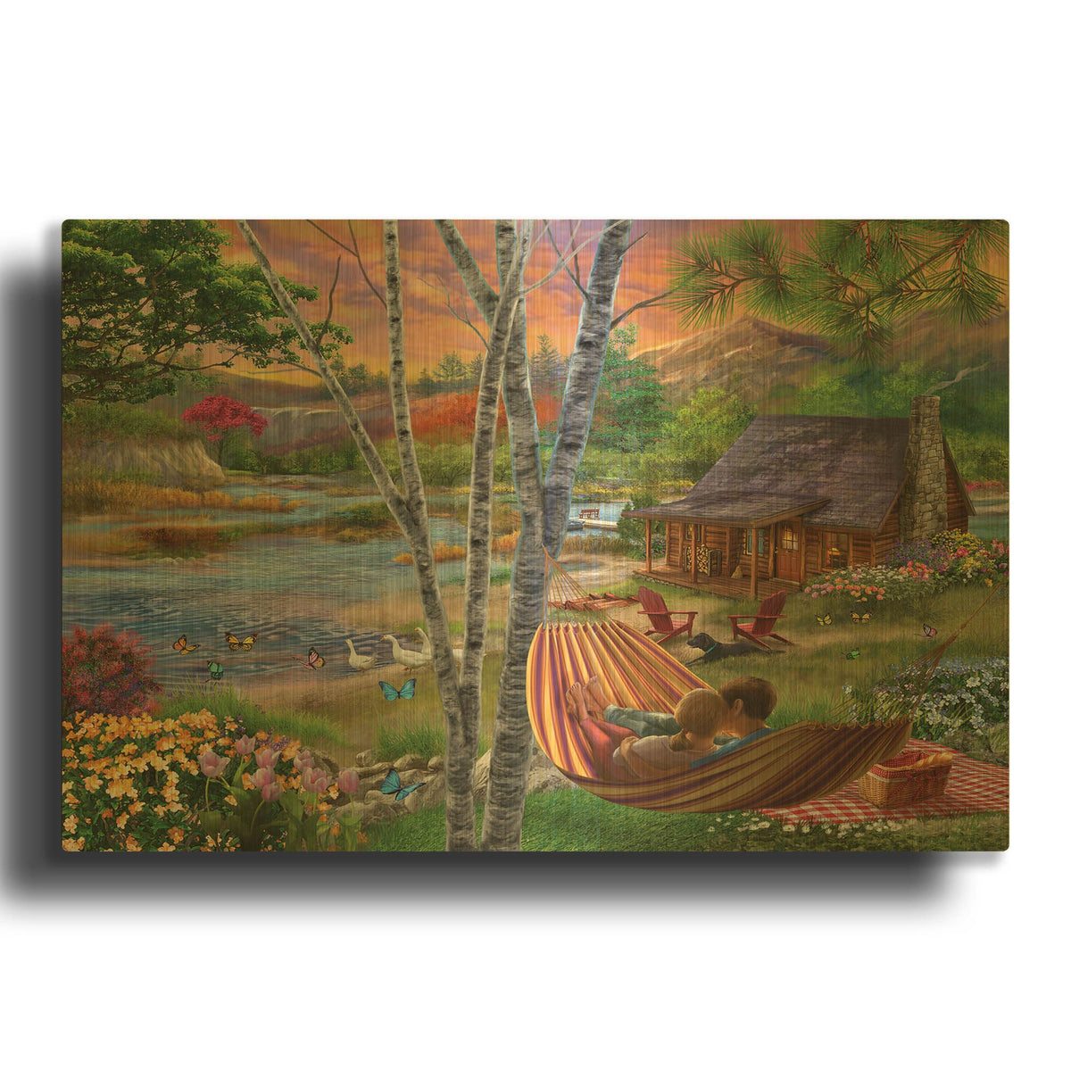'Summer Lakehouse' By Bigelow Illustrations Gold Metal Wall Art
