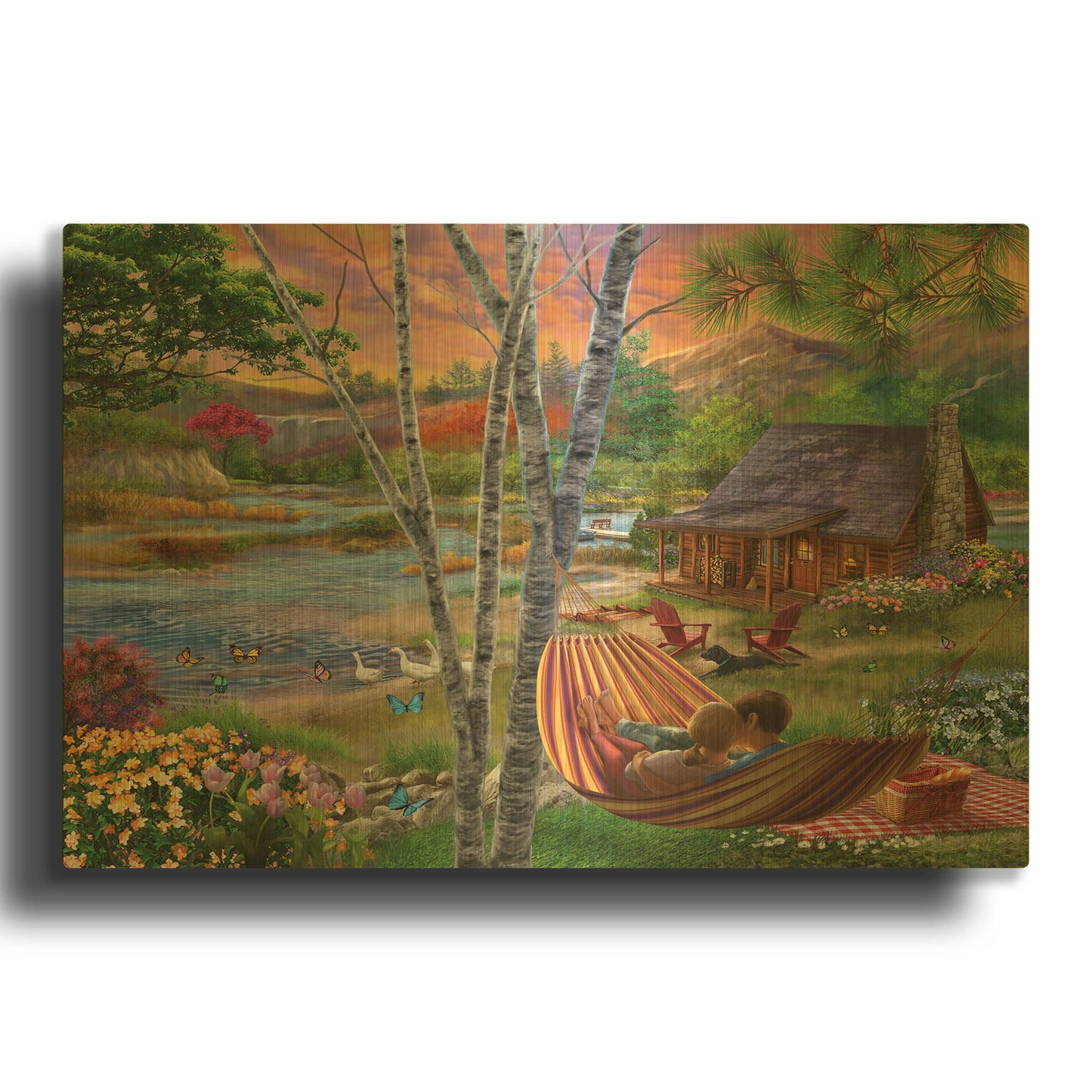 'Summer Lakehouse' By Bigelow Illustrations Gold Metal Wall Art