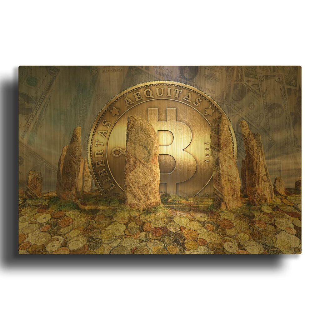 'Bitcoin New Age Three' By Steve Hunziker OOB Gold Metal Wall Art