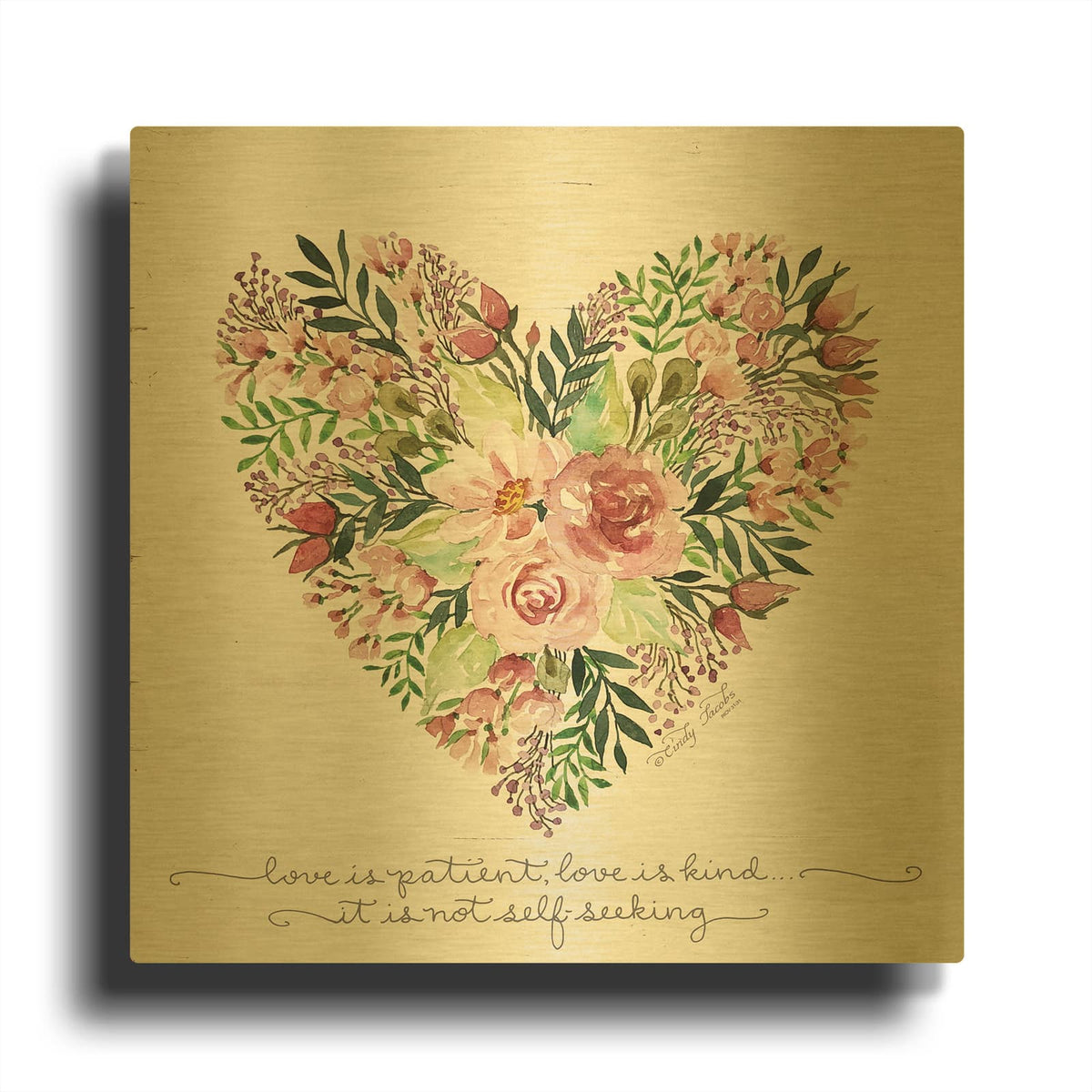 'Love is Patient Flower Heart' By Cindy Jacobs Gold Metal Wall Art