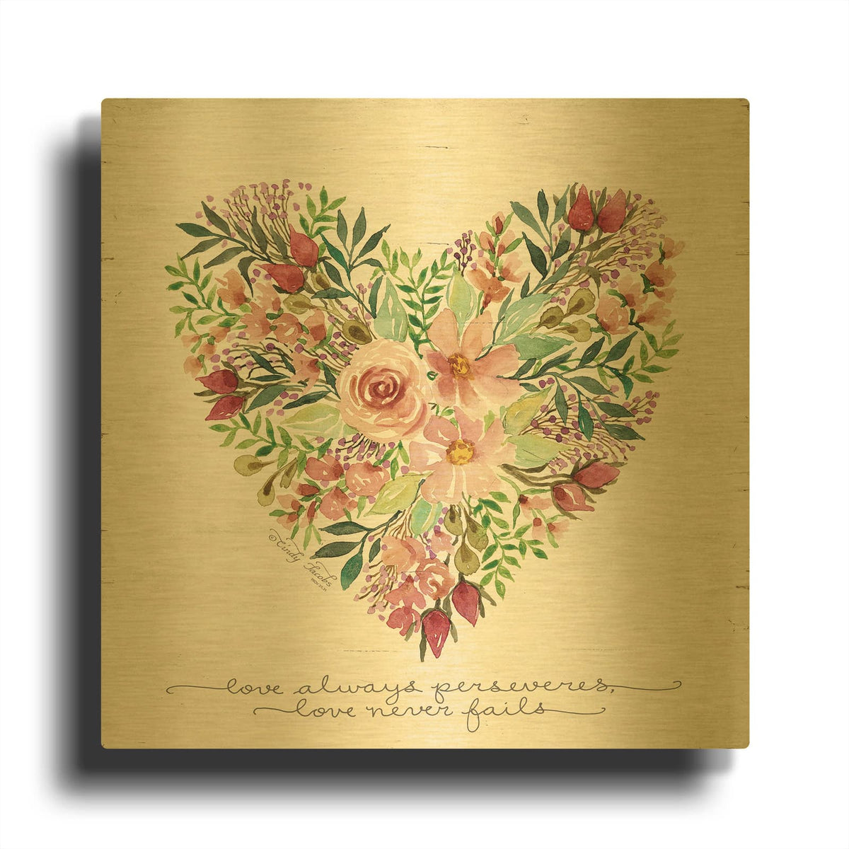 'Love Never Fails Flower Heart' By Cindy Jacobs Gold Metal Wall Art