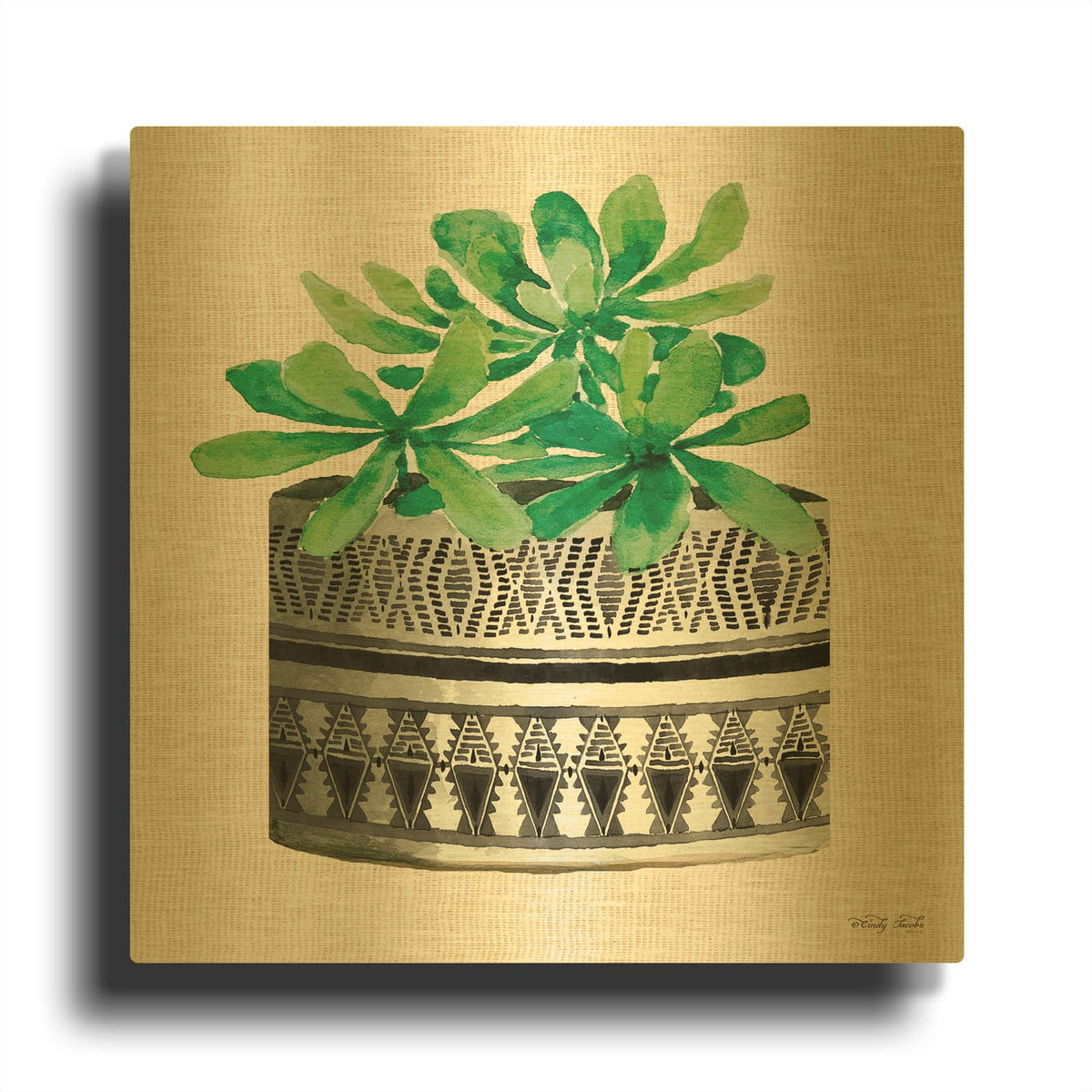 'Cactus Mud Cloth Vase II' By Cindy Jacobs Gold Metal Wall Art