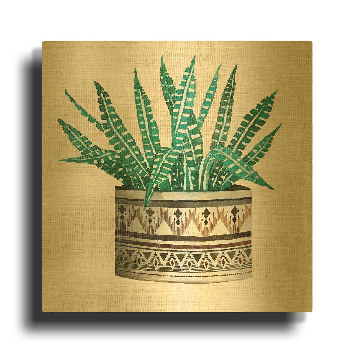 'Cactus Mud Cloth Vase III' By Cindy Jacobs Gold Metal Wall Art