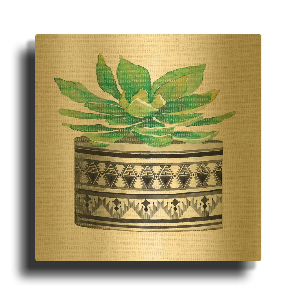'Cactus Mud Cloth Vase IV' By Cindy Jacobs Gold Metal Wall Art