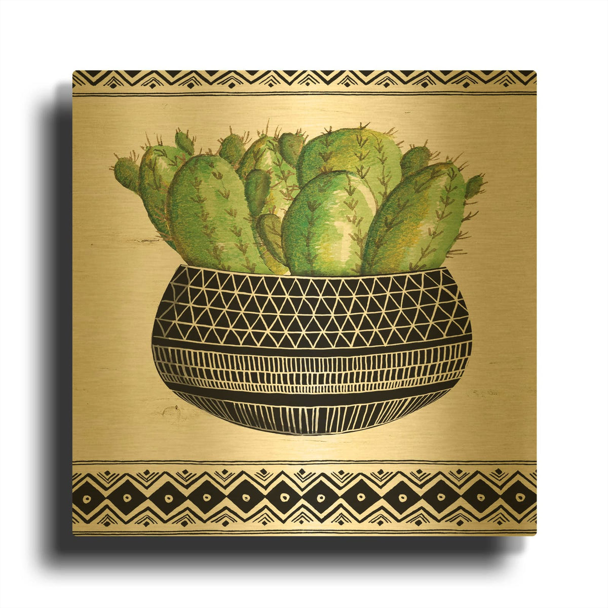 'Mud Cloth Black and White Succulent I' By Cindy Jacobs Gold Metal Wall Art