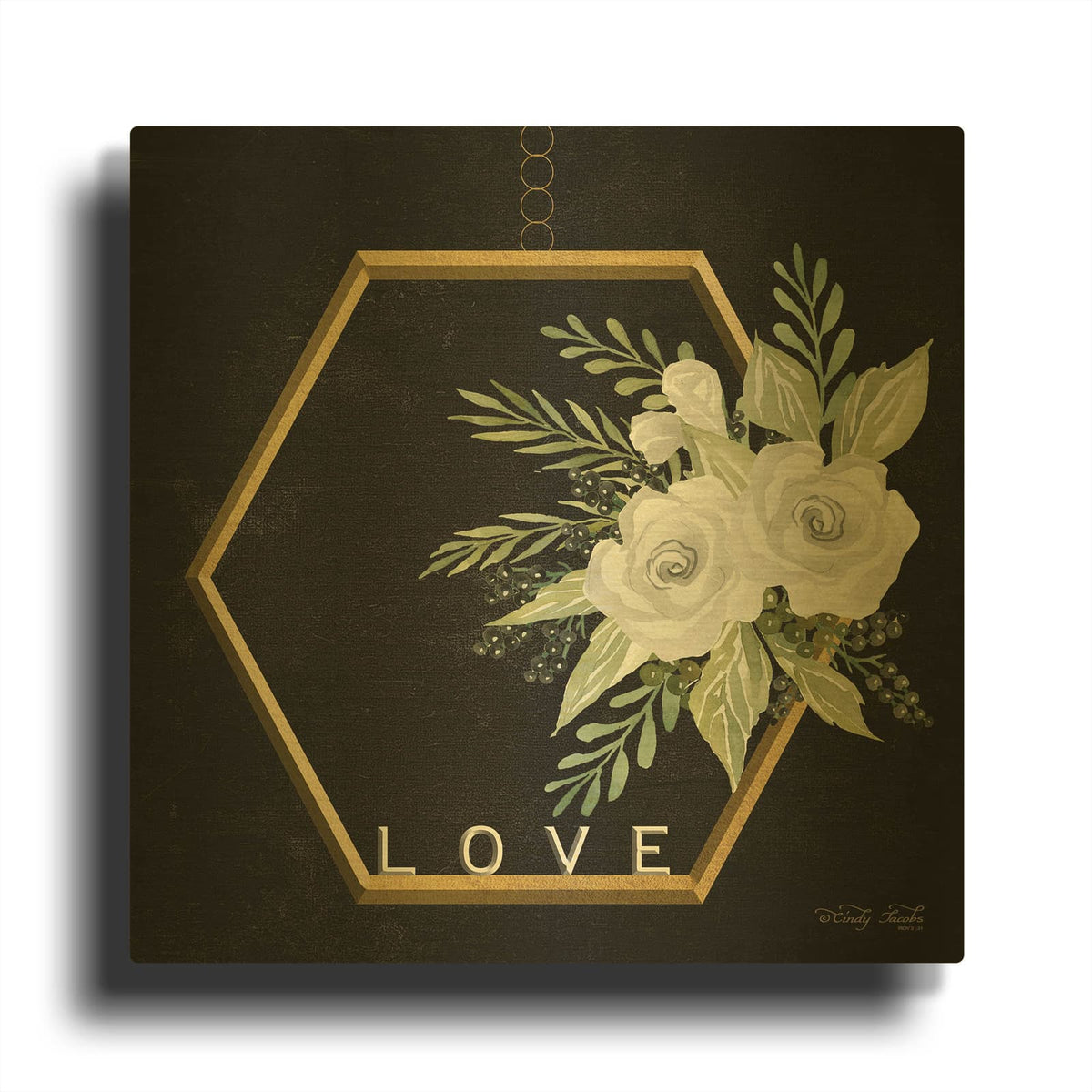 'Geometric Hexagon Muted Floral' By Cindy Jacobs Gold Metal Wall Art