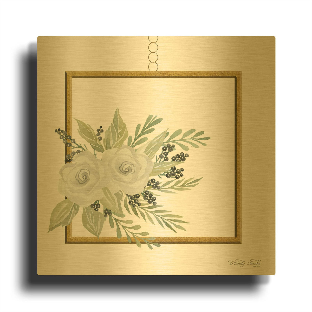 'Geometric Square Muted Floral' By Cindy Jacobs Gold Metal Wall Art