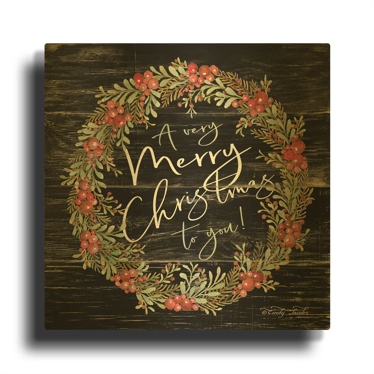 'A Very Merry Christmas Wreath' By Cindy Jacobs Gold Metal Wall Art