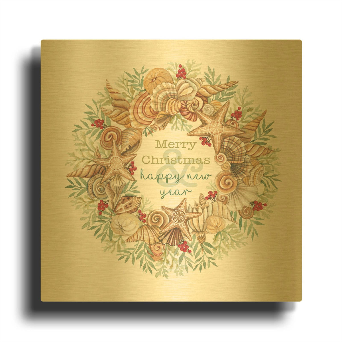 'Coastal Wreath Merry Christmas' By Cindy Jacobs Gold Metal Wall Art