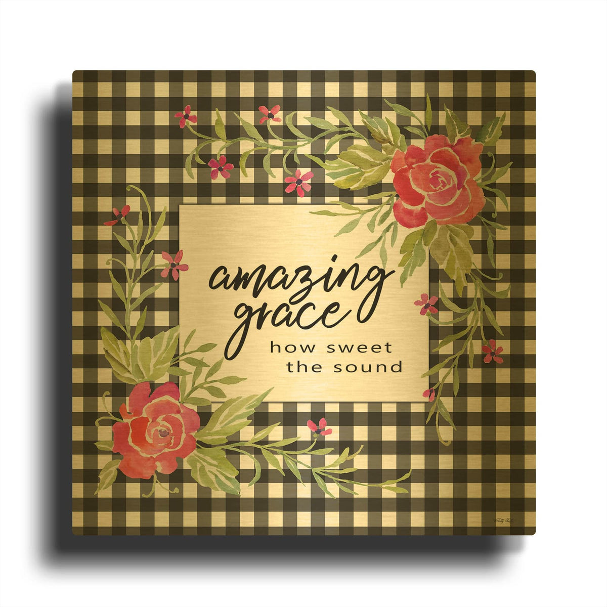 'Amazing Grace on Plaid' By Cindy Jacobs Gold Metal Wall Art