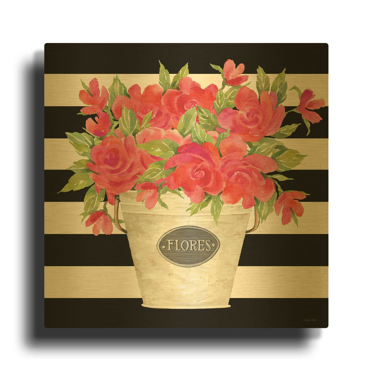 'Fuchsia Flores Stripes' By Cindy Jacobs Gold Metal Wall Art