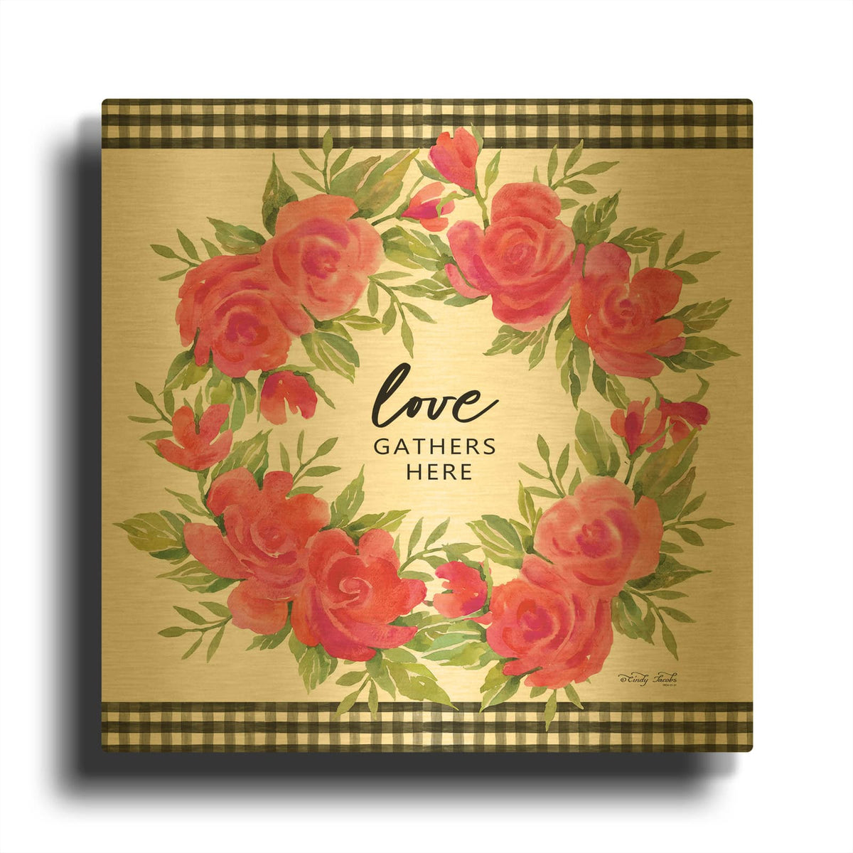 'Love Gathers Here Flower Crown' By Cindy Jacobs Gold Metal Wall Art