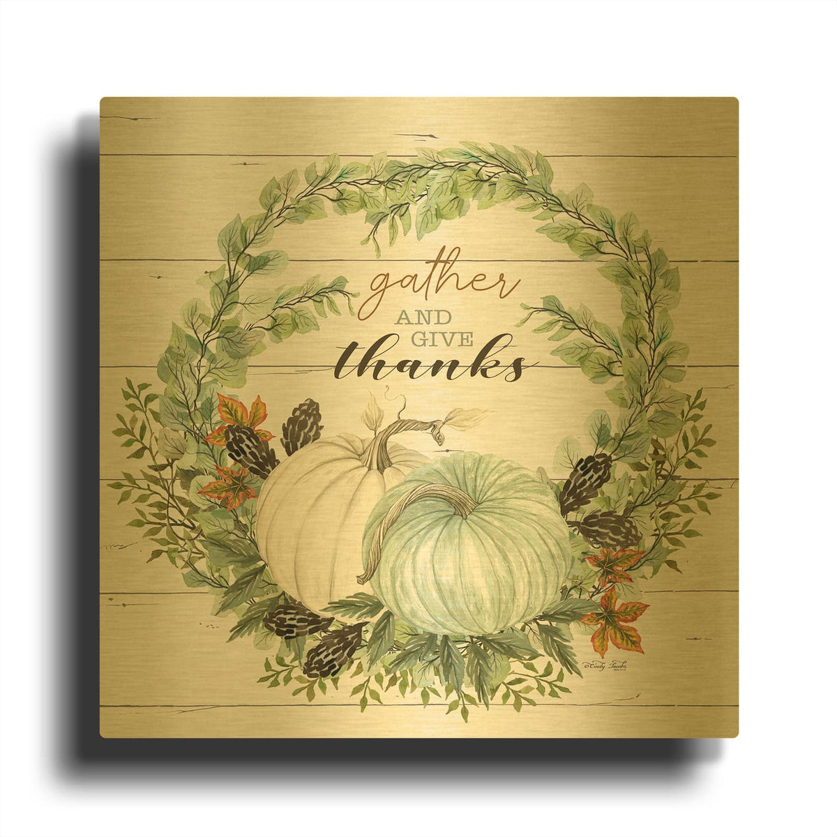'Gather and Give Thanks Wreath' By Cindy Jacobs Gold Metal Wall Art