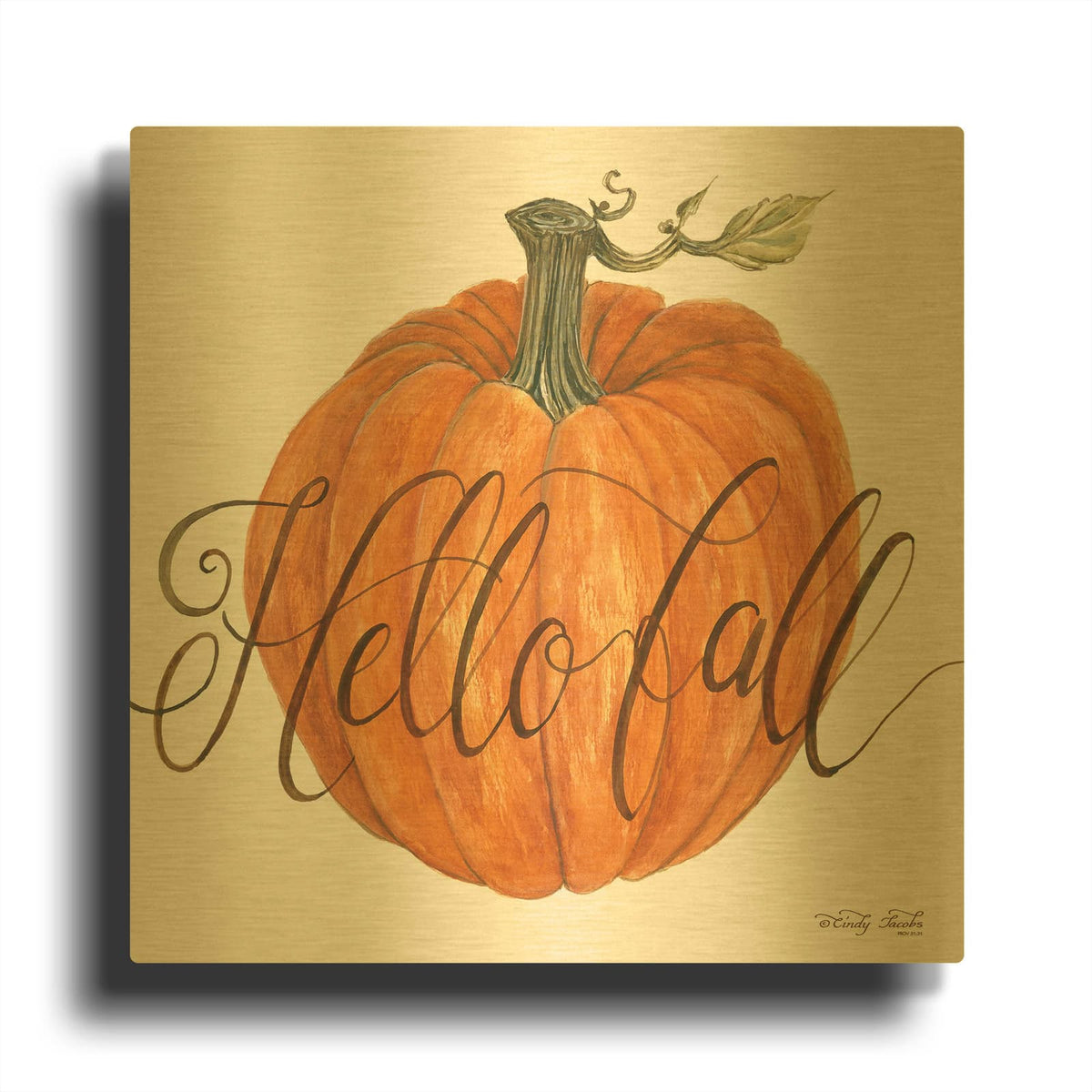 'Hello Fall Pumpkin' By Cindy Jacobs Gold Metal Wall Art