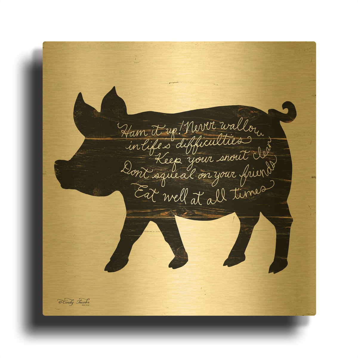 'Pig - Ham it Up' By Cindy Jacobs Gold Metal Wall Art