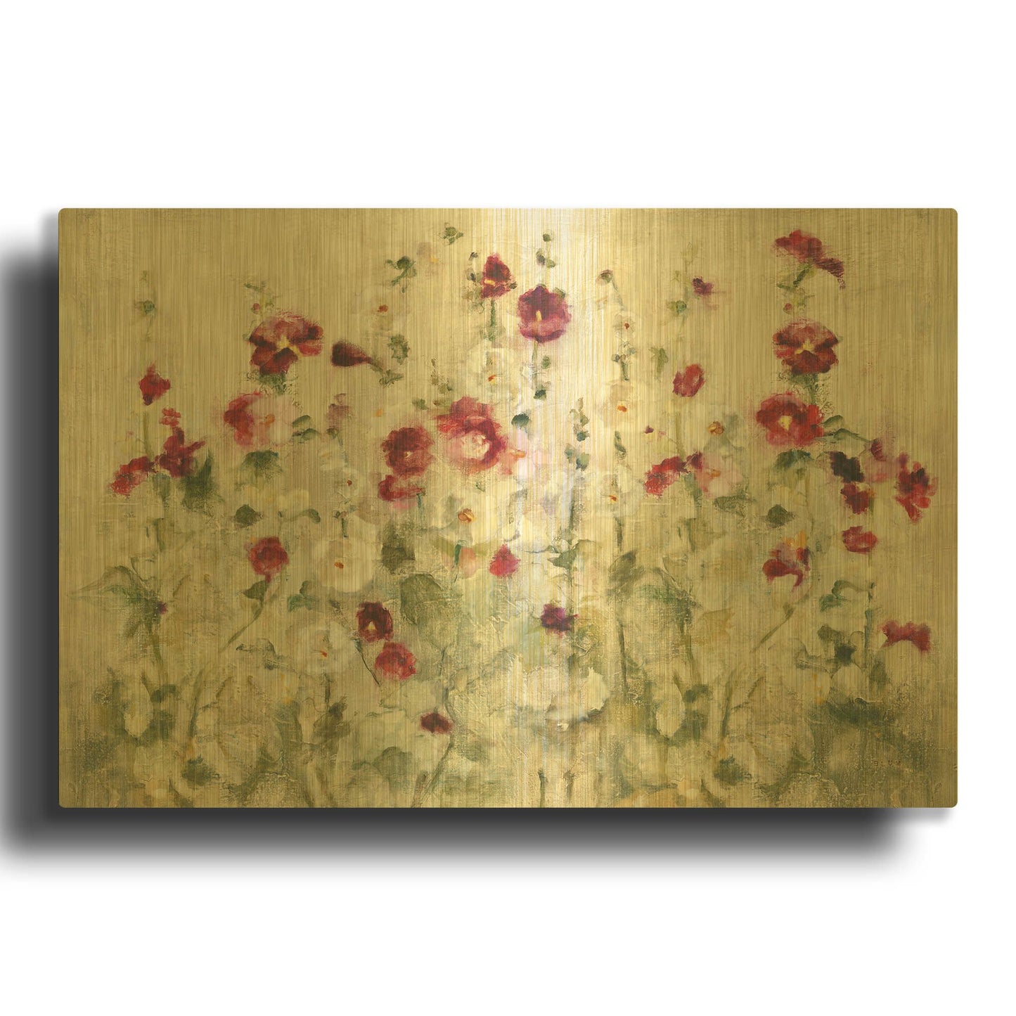 'Hollyhocks Row Cool' By Cheri Blum Gold Metal Wall Art