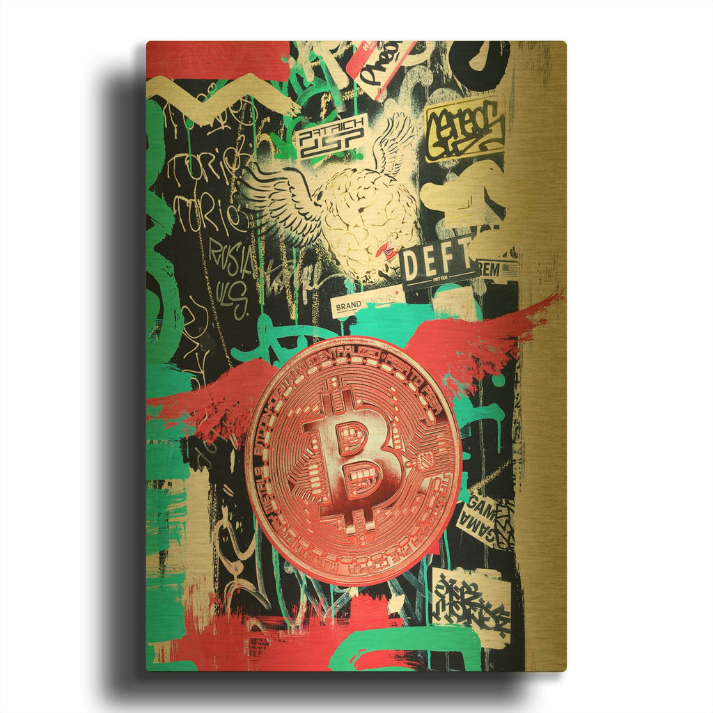'Bitcoin Street Art 2' By Irena Orlov Gold Metal Wall Art