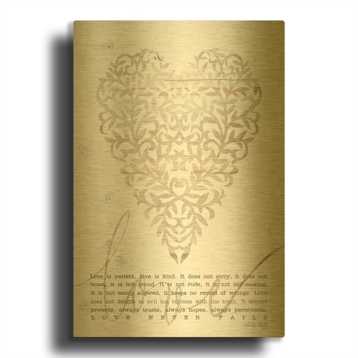 'Love Never Fails with Heart' By Cindy Jacobs Gold Metal Wall Art