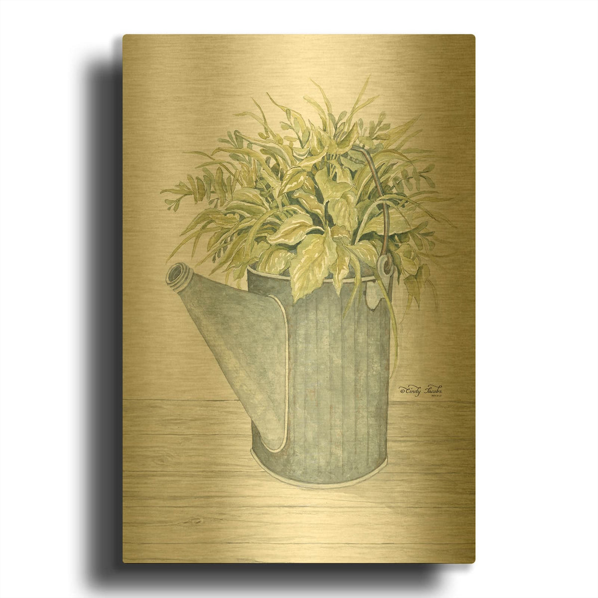 'Galvanized Watering Can' By Cindy Jacobs Gold Metal Wall Art