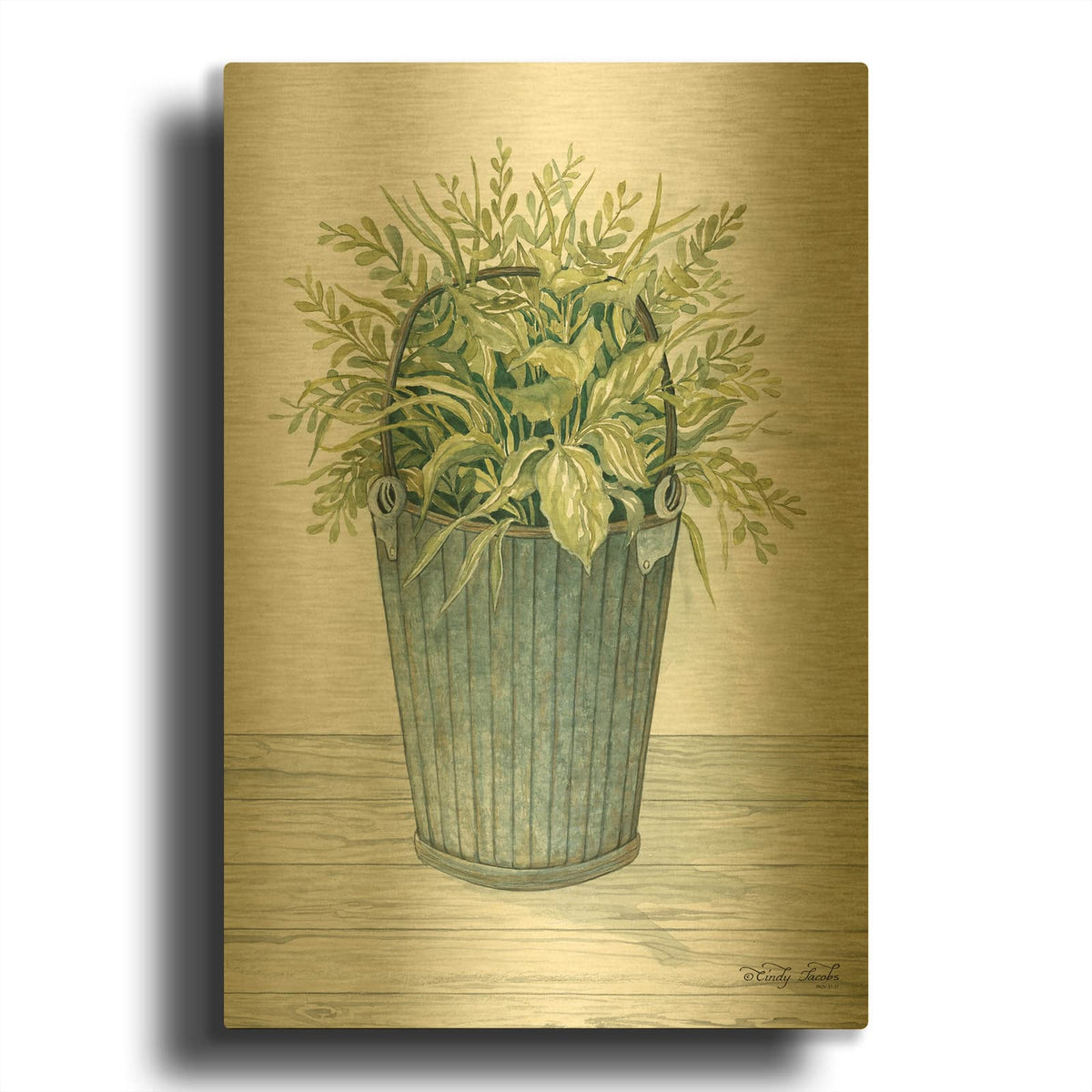 'Old Bucket of Greenery' By Cindy Jacobs Gold Metal Wall Art