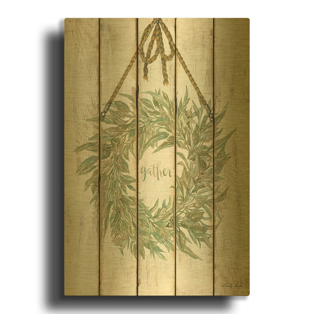 'Gather Wreath on Wood Panels' By Cindy Jacobs Gold Metal Wall Art