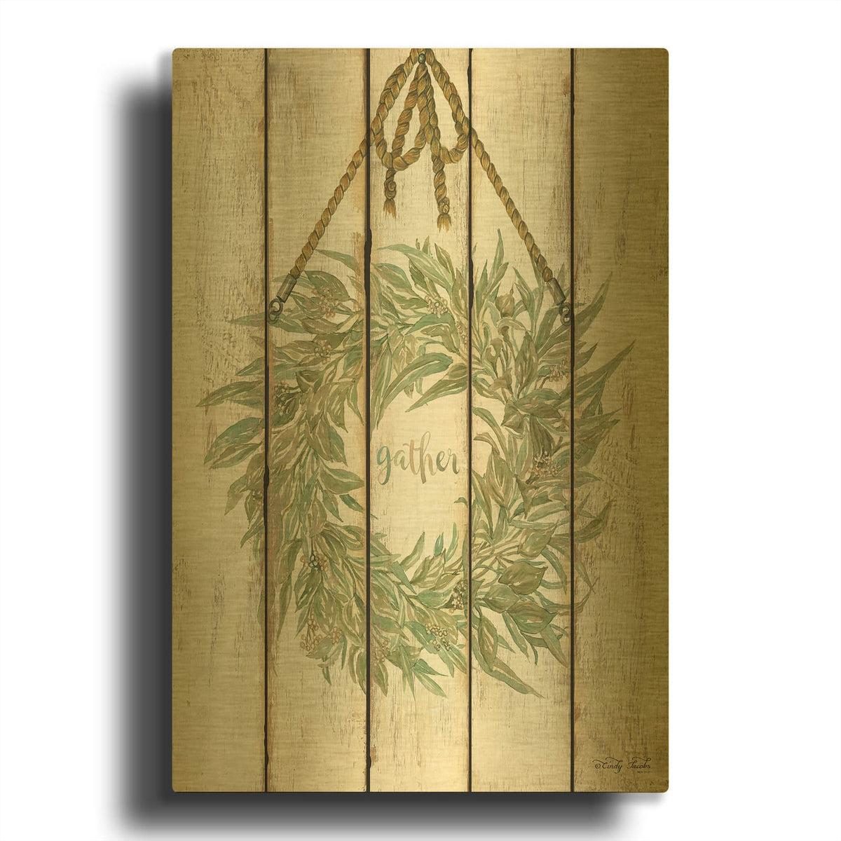 'Gather Wreath on Wood Panels' By Cindy Jacobs Gold Metal Wall Art