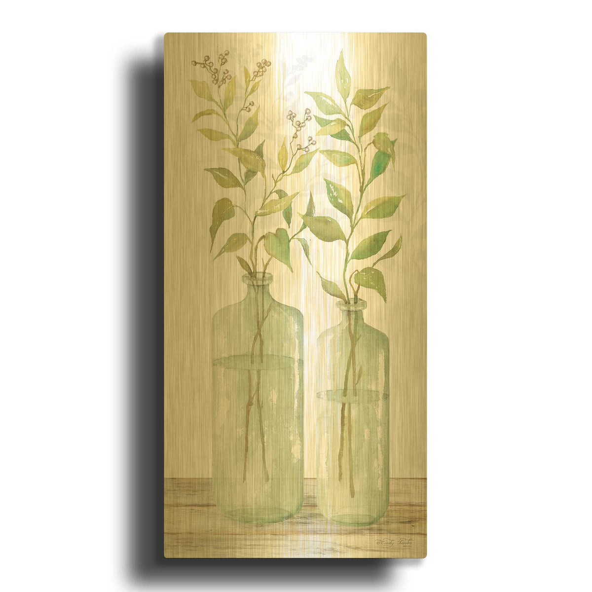 'Simple Leaves in Jar I' By Cindy Jacobs Gold Metal Wall Art