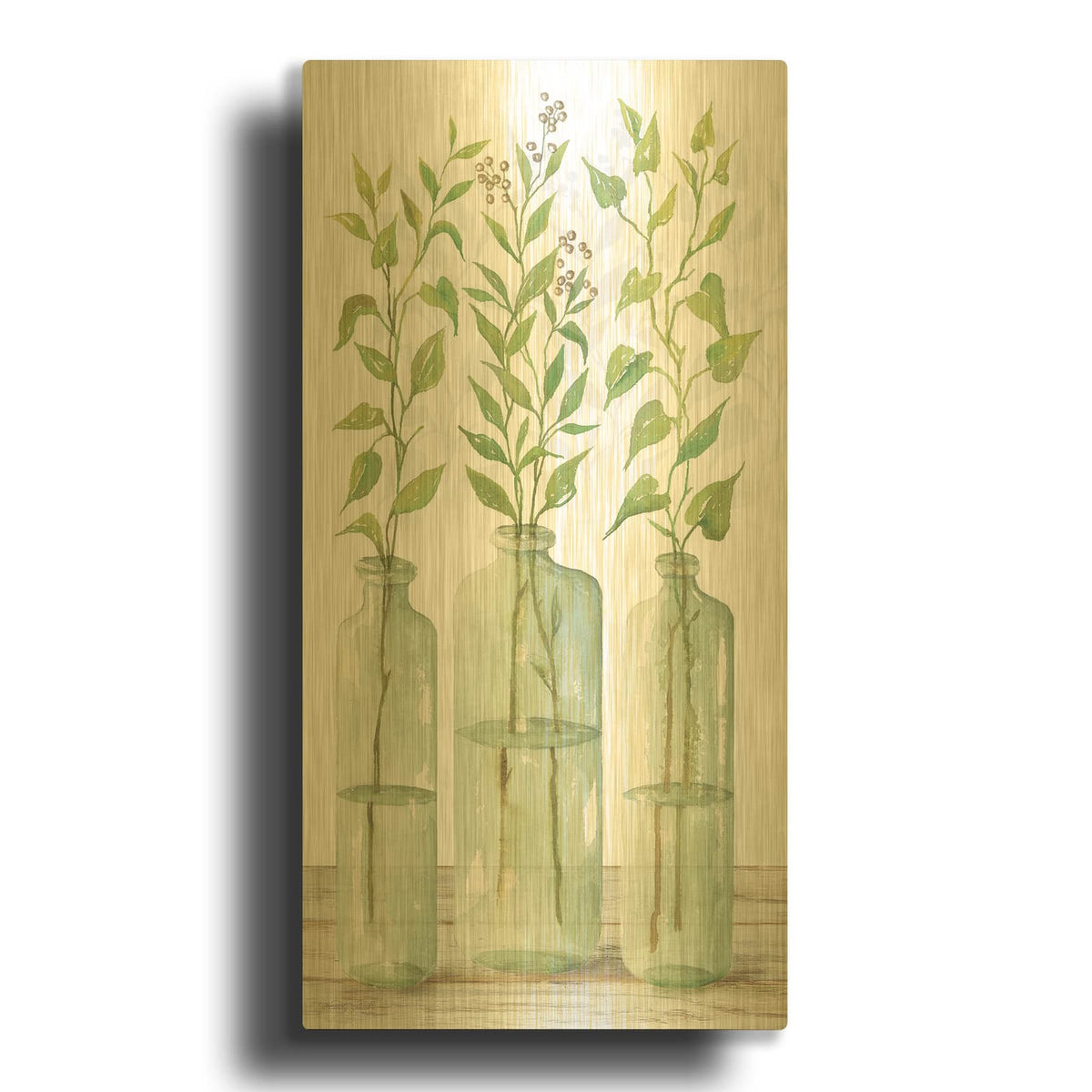 'Simple Leaves in Jar II' By Cindy Jacobs Gold Metal Wall Art
