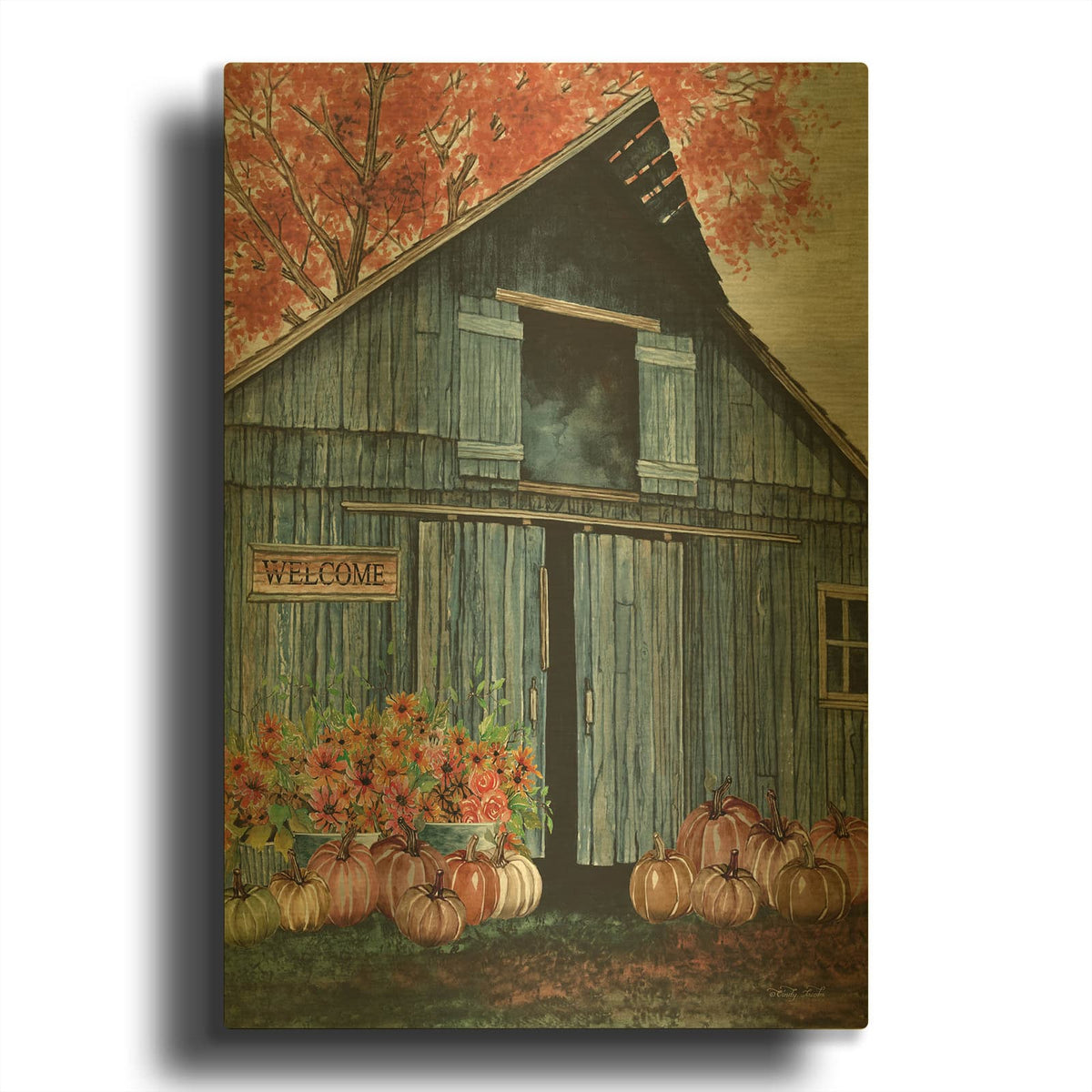 'Welcome Fall Barn' By Cindy Jacobs Gold Metal Wall Art