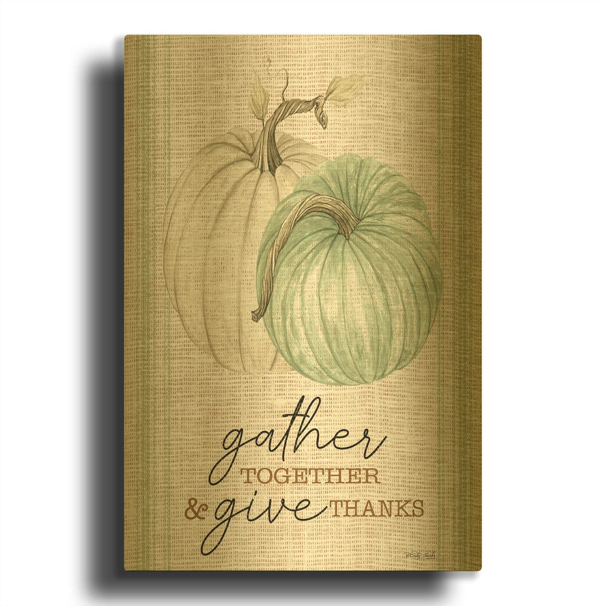 'Grain Sack Gather and Give Thanks' By Cindy Jacobs Gold Metal Wall Art
