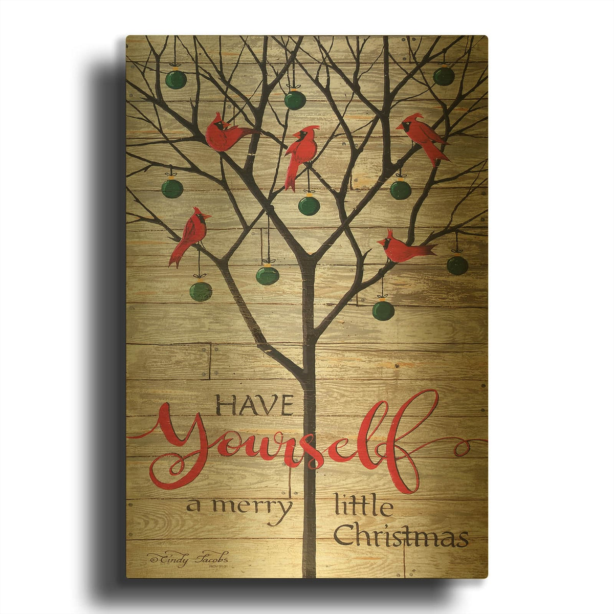 'Merry Little Red Cardinals Christmas' By Cindy Jacobs Gold Metal Wall Art