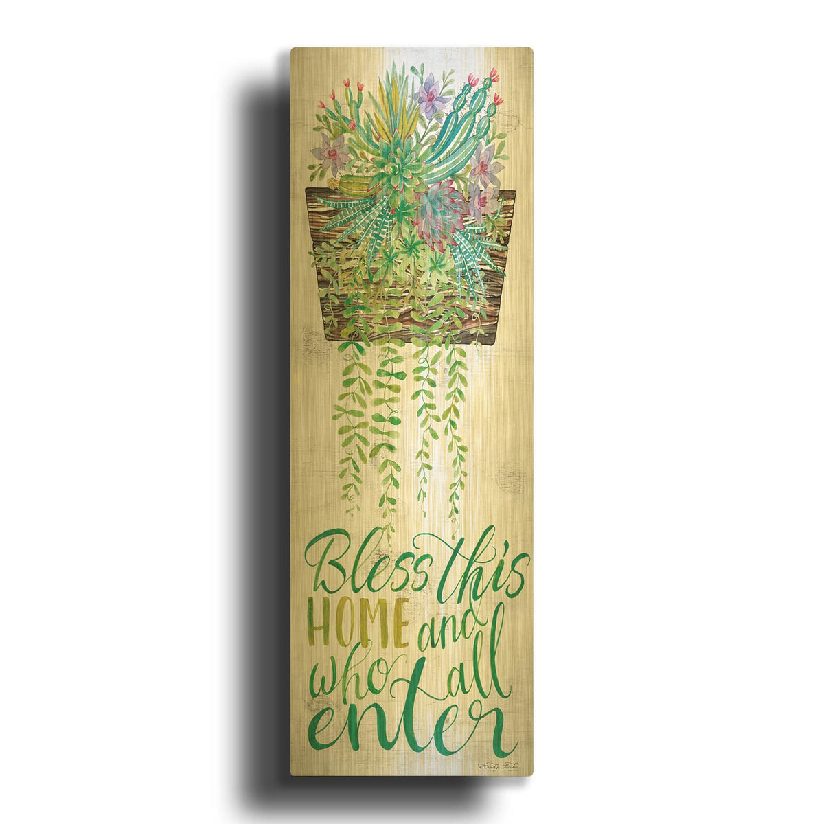 'Bless This Home Hanging Plant' By Cindy Jacobs Gold Metal Wall Art