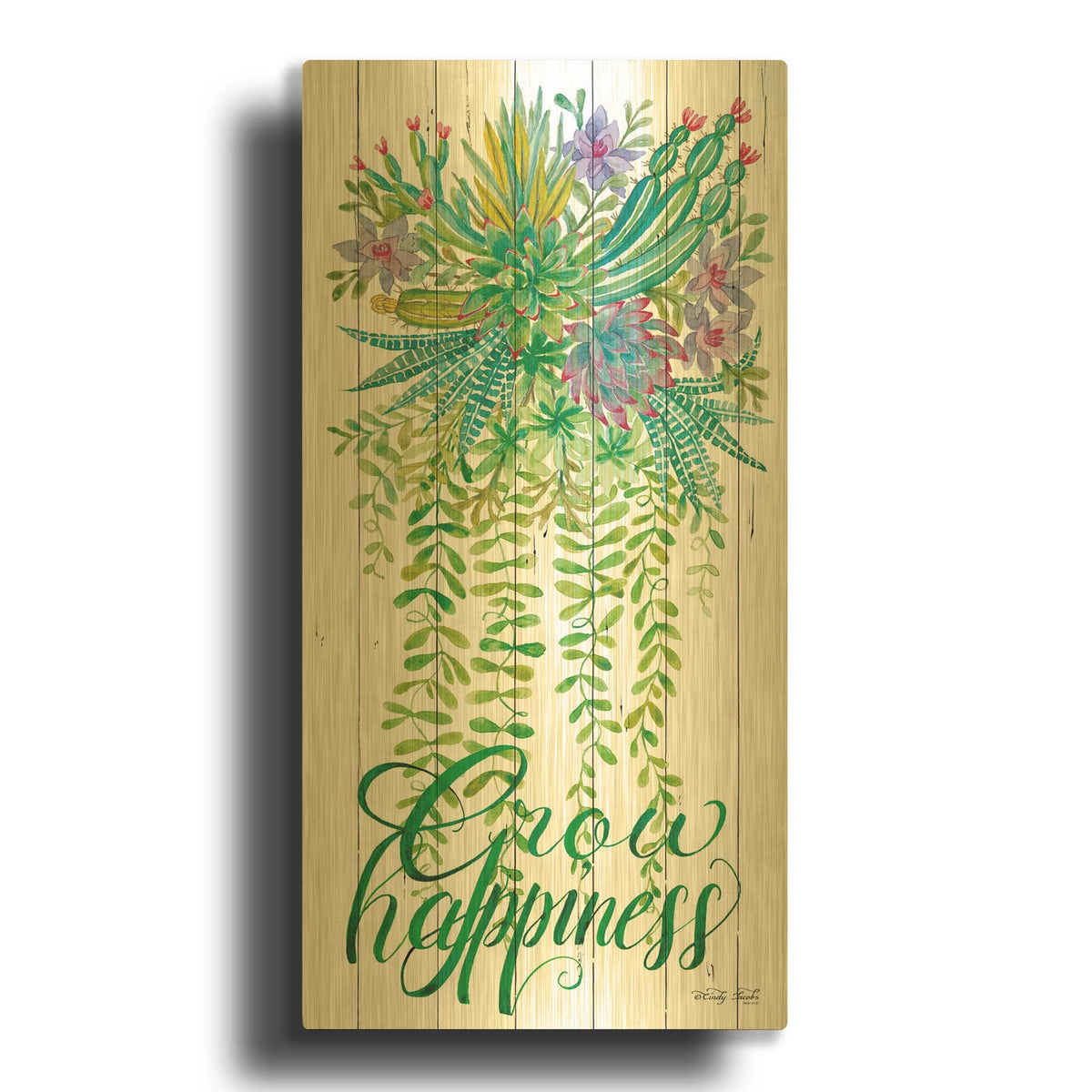 'Grow Happiness Hanging Plant' By Cindy Jacobs Gold Metal Wall Art