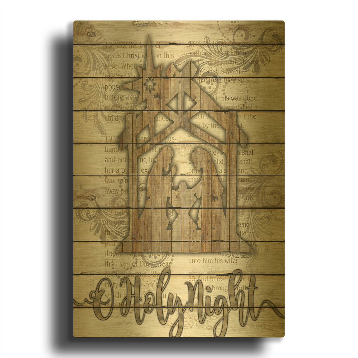 'O Holy Night Manger' By Cindy Jacobs Gold Metal Wall Art