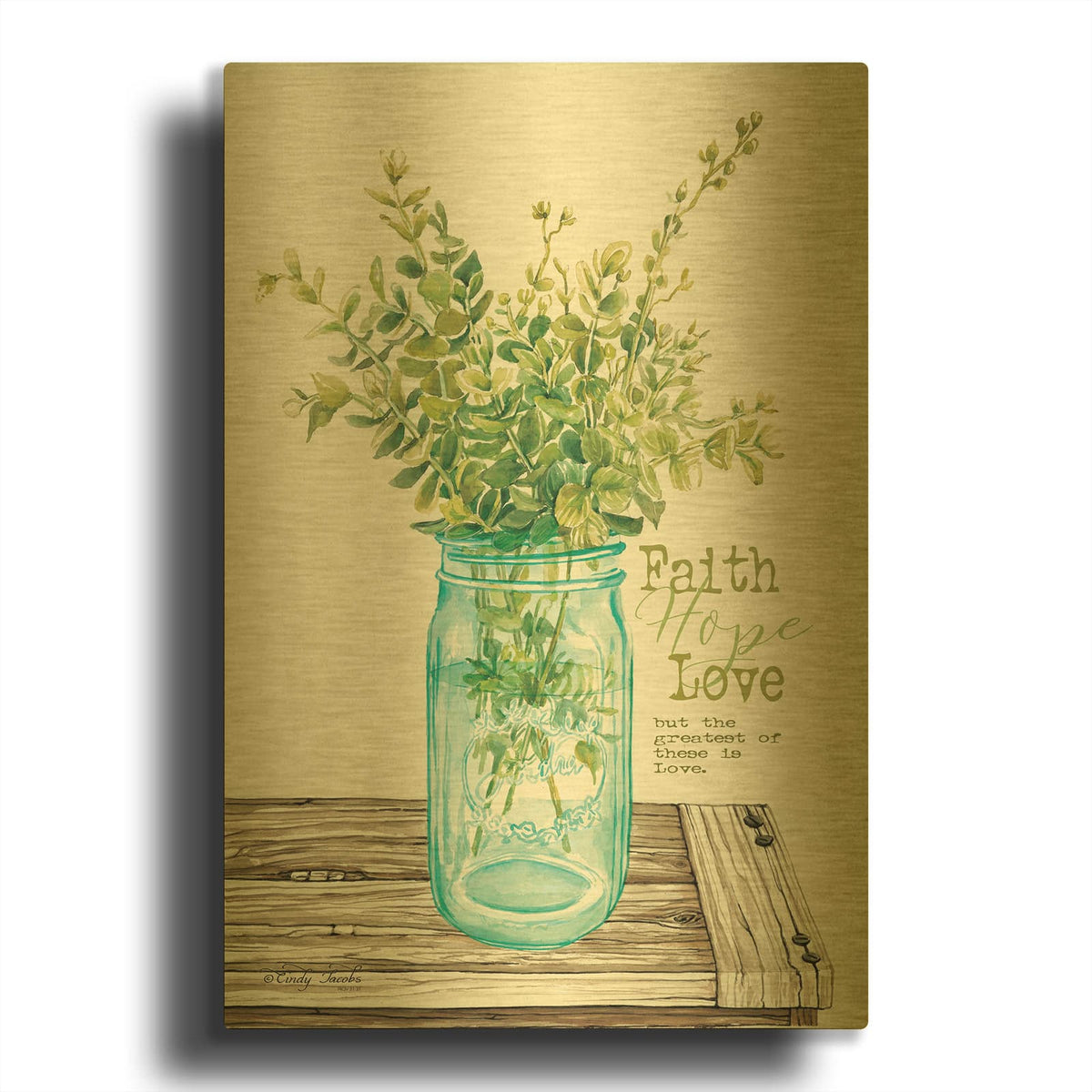 'Faith, Hope, Love and Eucalyptus' By Cindy Jacobs Gold Metal Wall Art