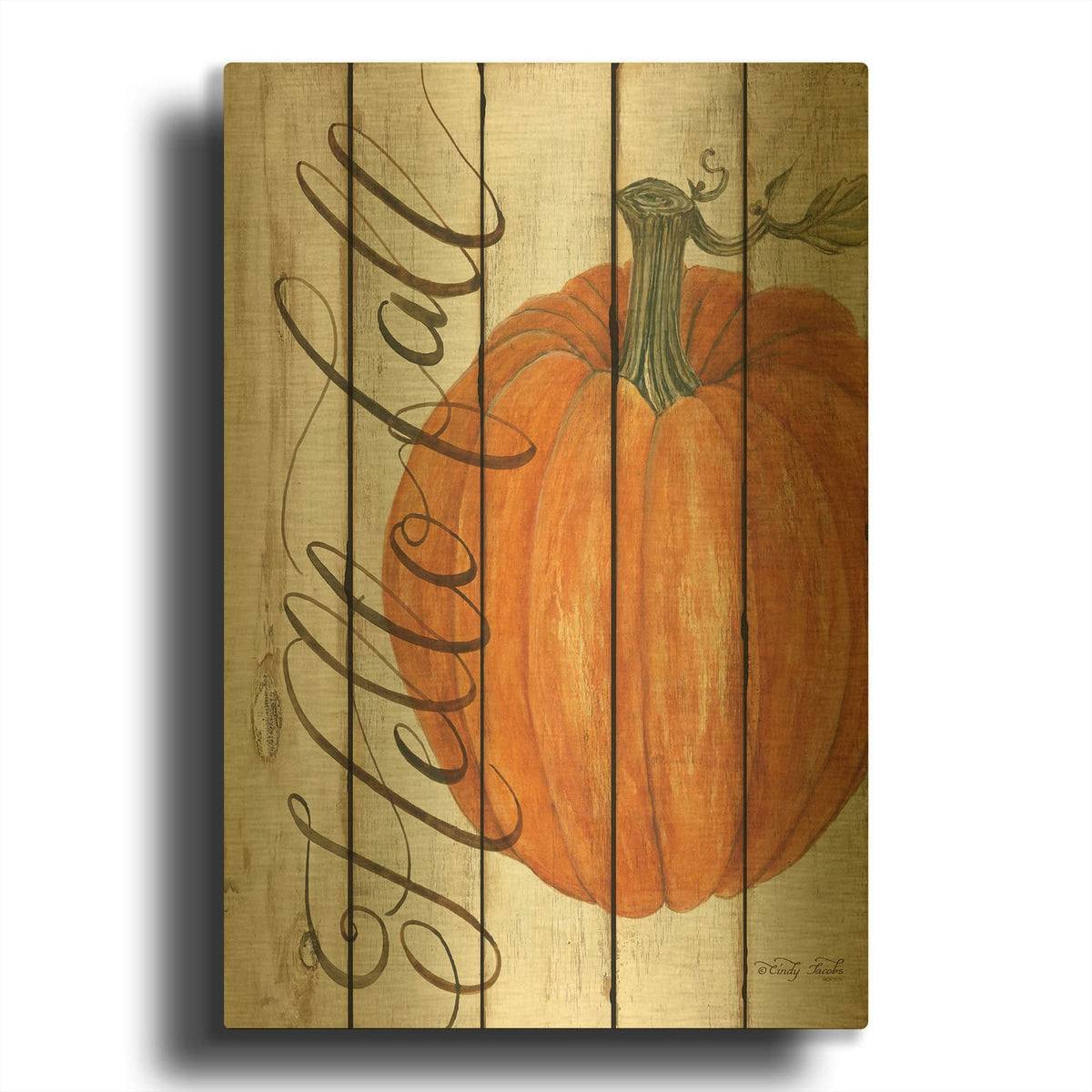 'Hello Fall Pumpkin on Shiplap' By Cindy Jacobs Gold Metal Wall Art