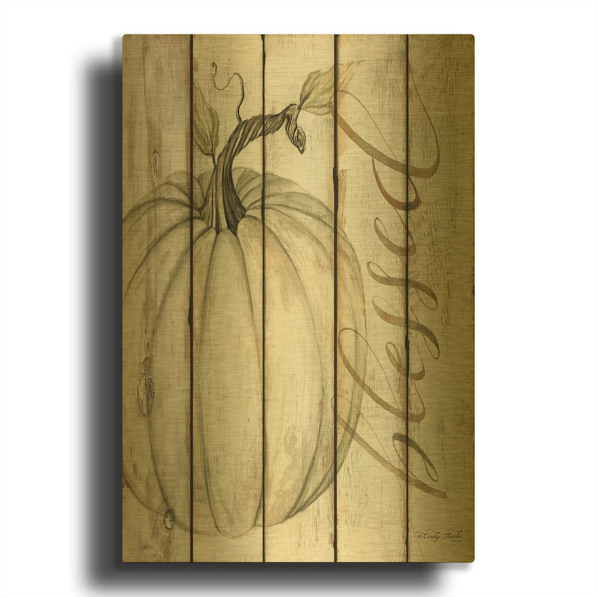 'Blessed Pumpkin on Shiplap' By Cindy Jacobs Gold Metal Wall Art