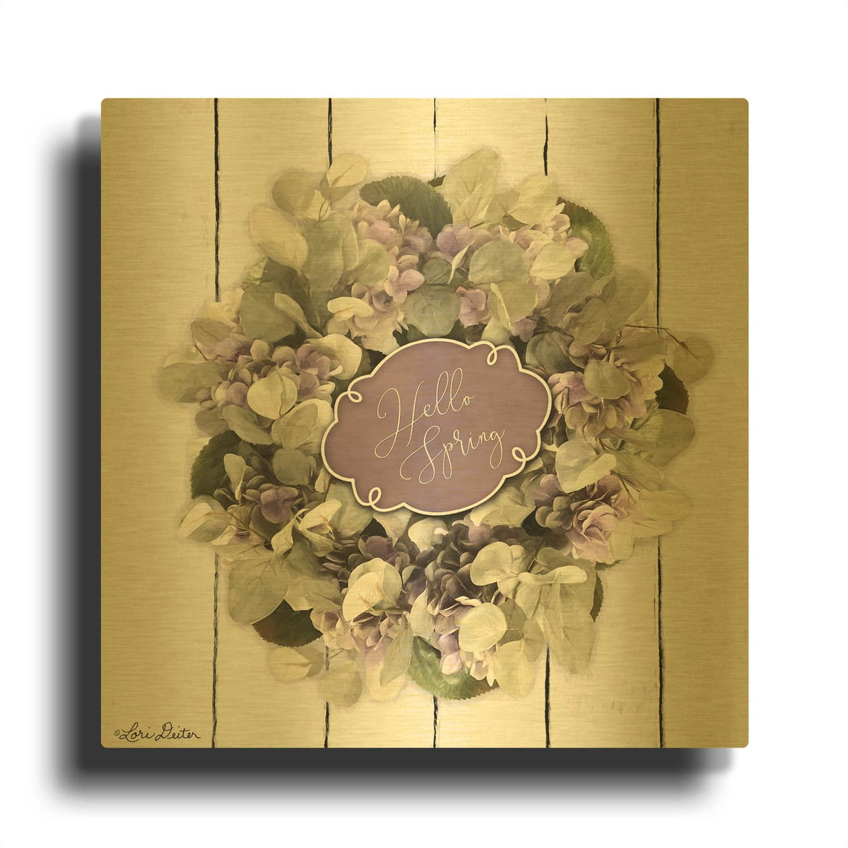 'Hello Spring Wreath' By Lori Deiter Gold Metal Wall Art