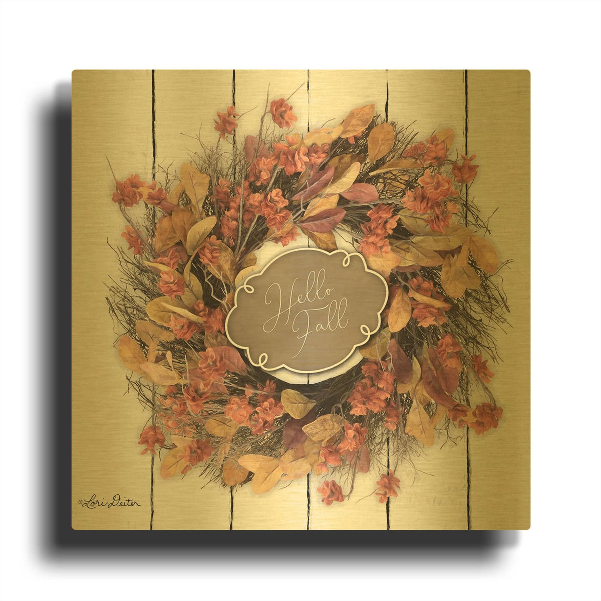 'Hello Fall Wreath' By Lori Deiter Gold Metal Wall Art