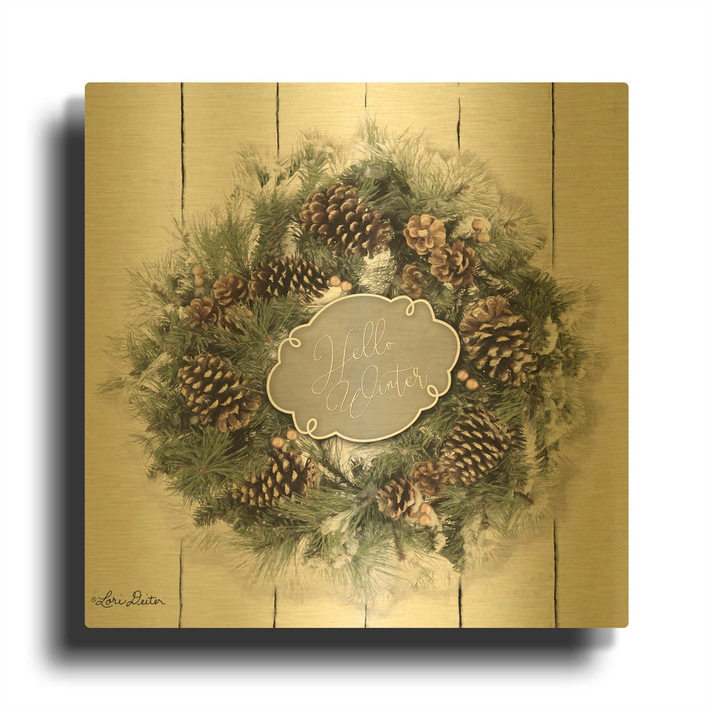 'Hello Winter Wreath' By Lori Deiter Gold Metal Wall Art