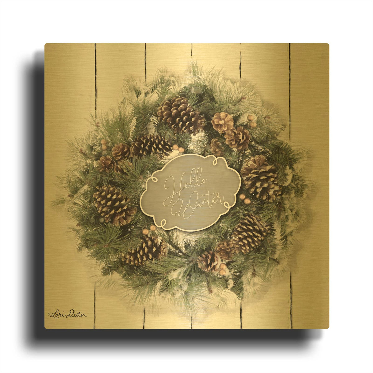 'Hello Winter Wreath' By Lori Deiter Gold Metal Wall Art