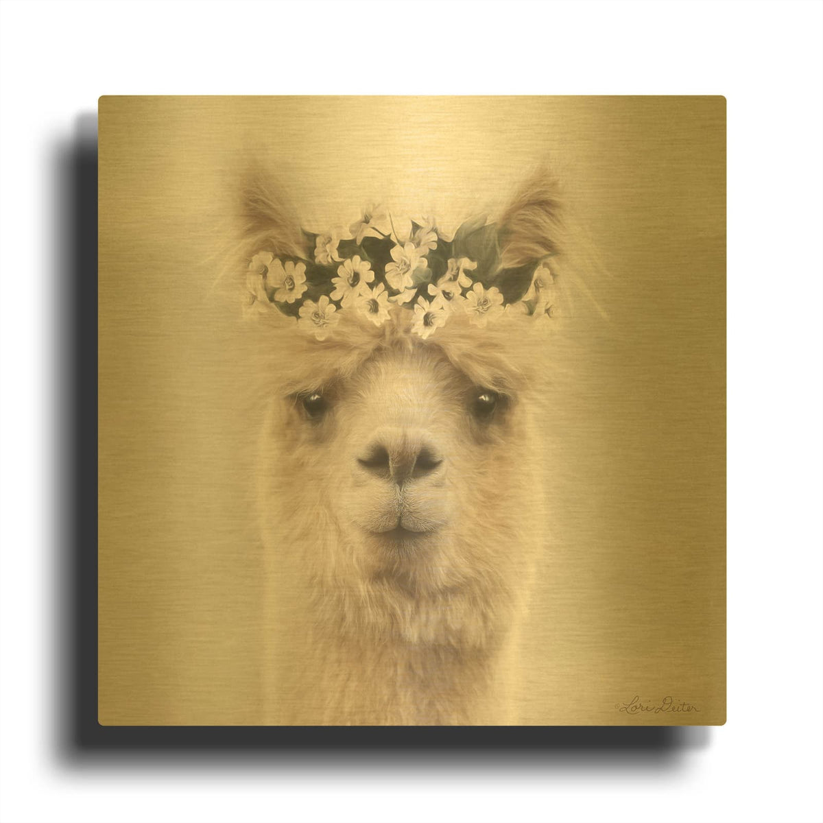 'Alpaca with Flowers' By Lori Deiter Gold Metal Wall Art