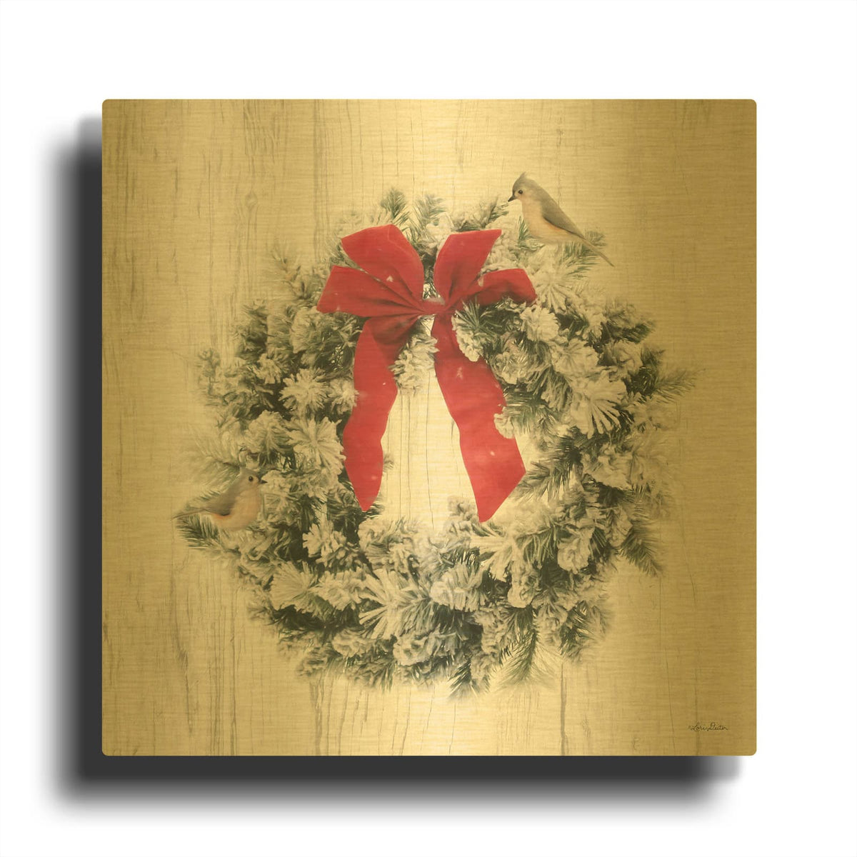 'Titmouse Christmas Wreath' By Lori Deiter Gold Metal Wall Art
