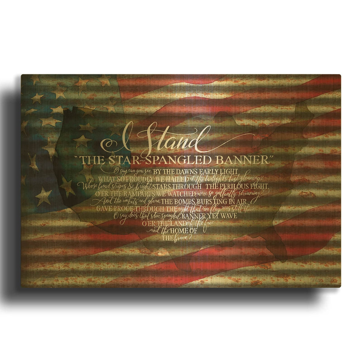 'I Stand American Flag on Metal' By Cindy Jacobs Gold Metal Wall Art