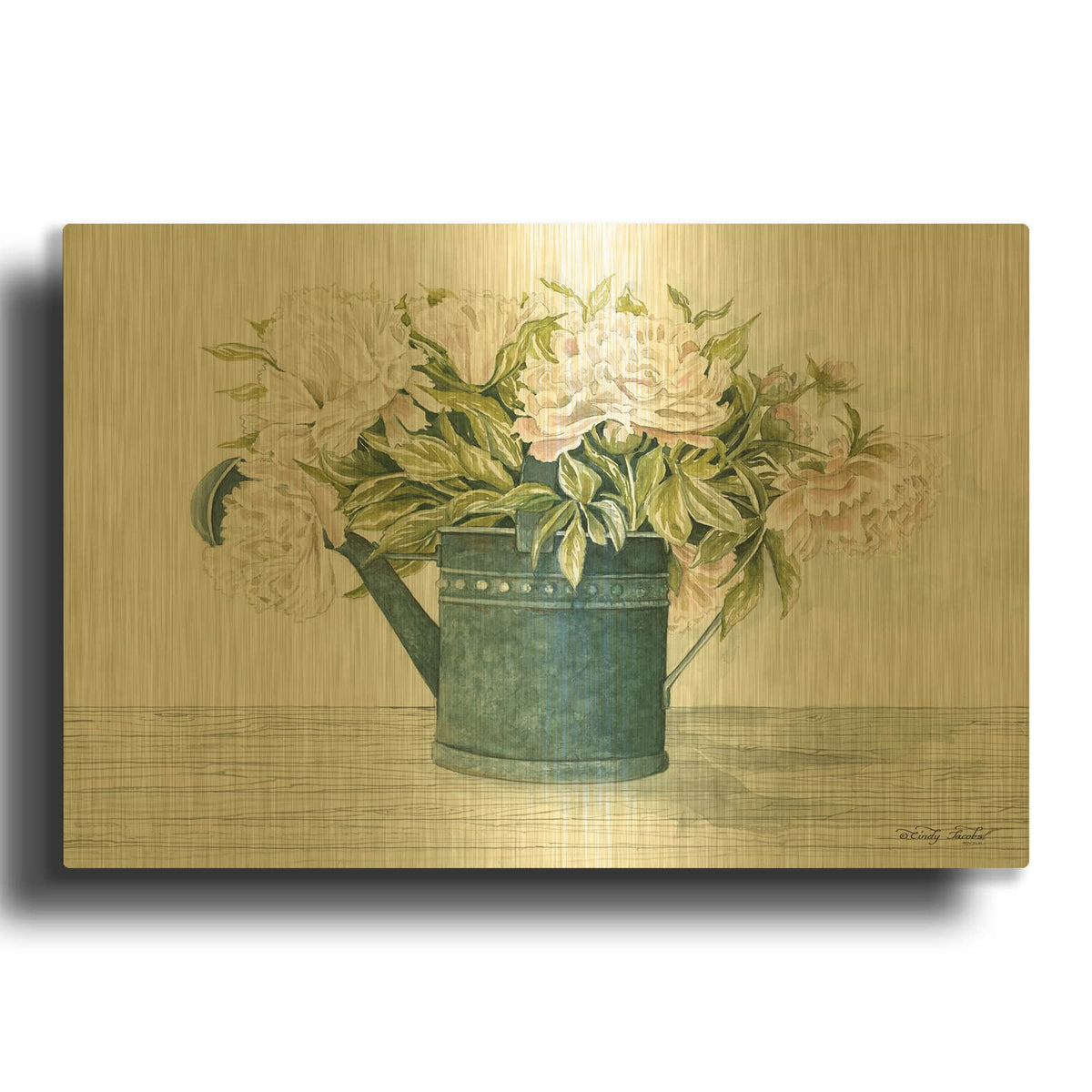 'Galvanized Watering Can Peonies' By Cindy Jacobs Gold Metal Wall Art
