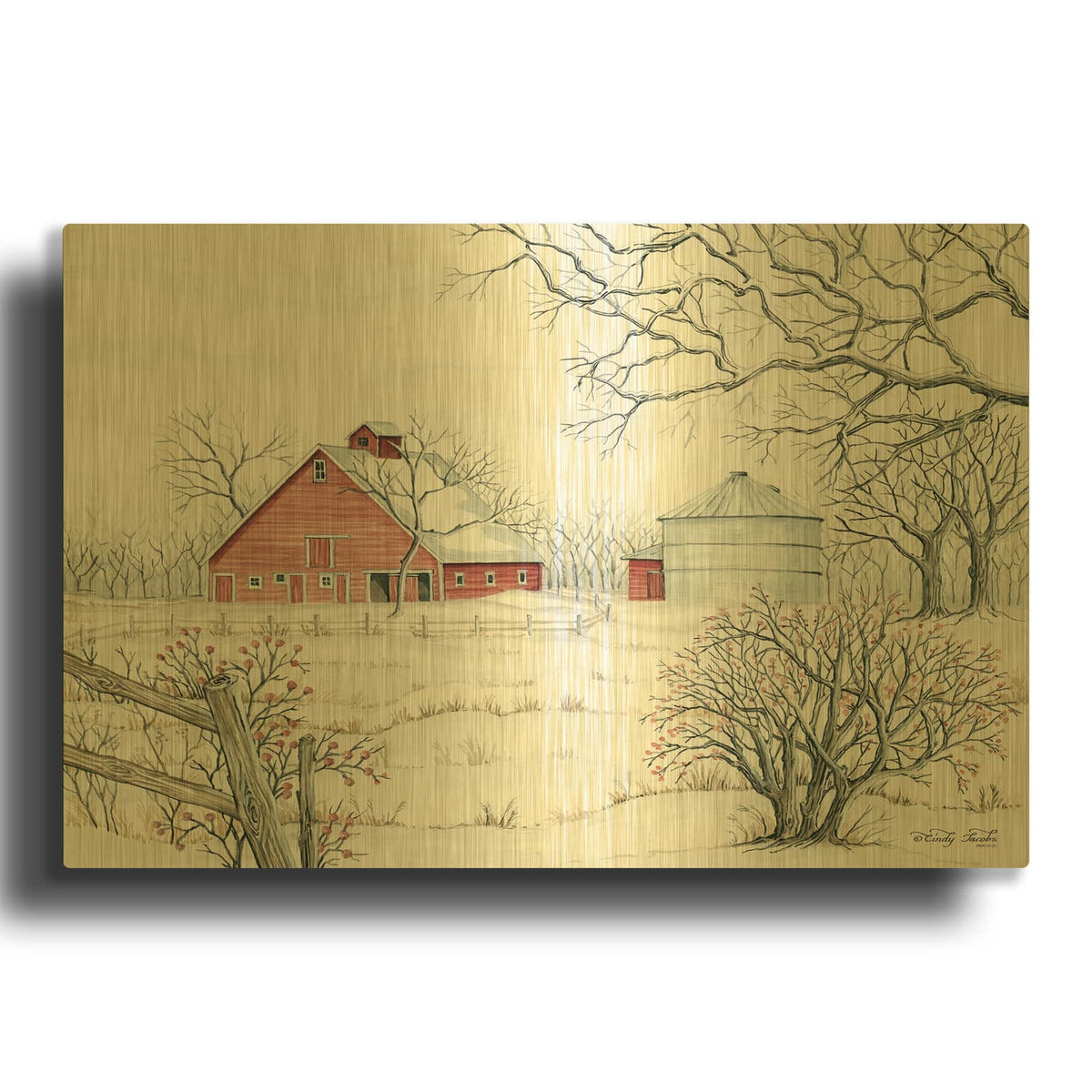 'Winter Barn' By Cindy Jacobs Gold Metal Wall Art