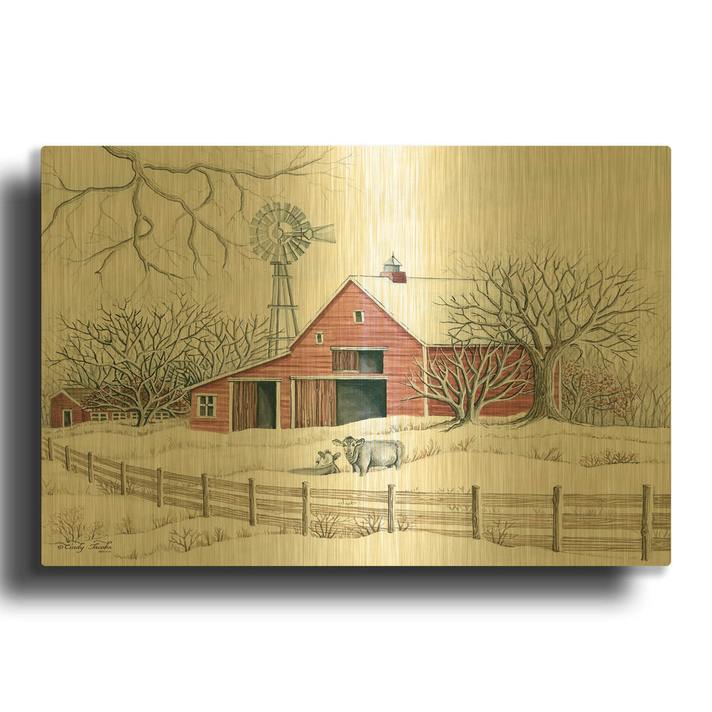 'Winter Barn with Windmill' By Cindy Jacobs Gold Metal Wall Art