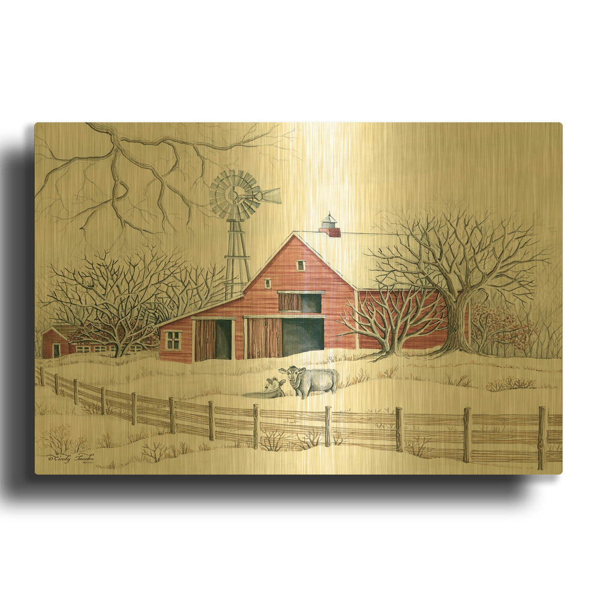 'Winter Barn with Windmill' By Cindy Jacobs Gold Metal Wall Art