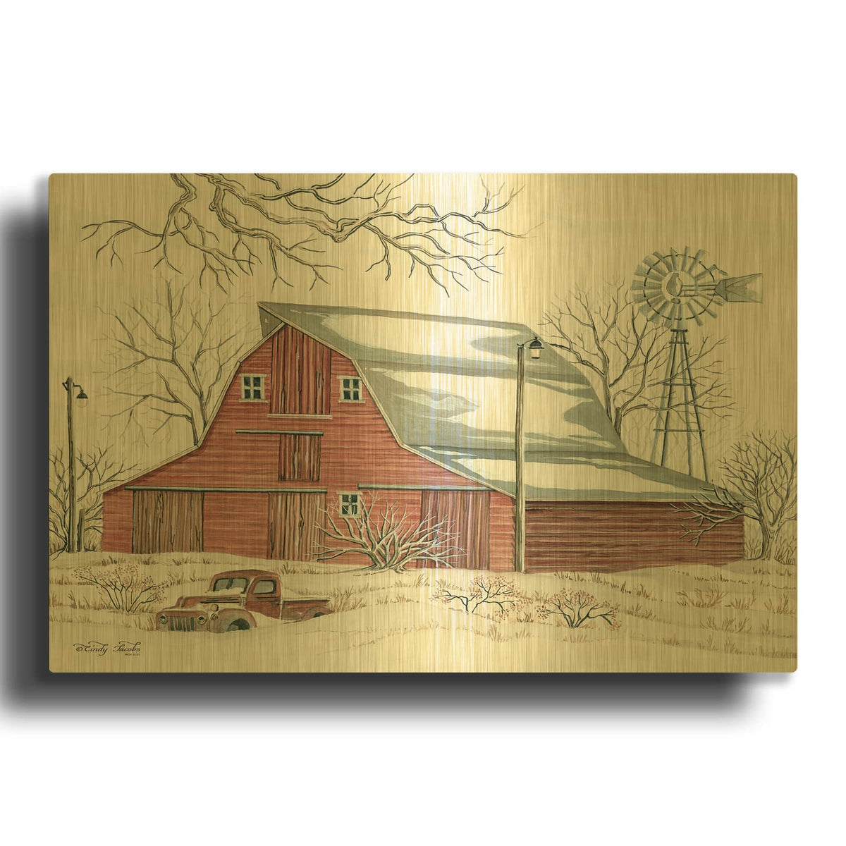 'Winter Barn with Pickup Truck' By Cindy Jacobs Gold Metal Wall Art
