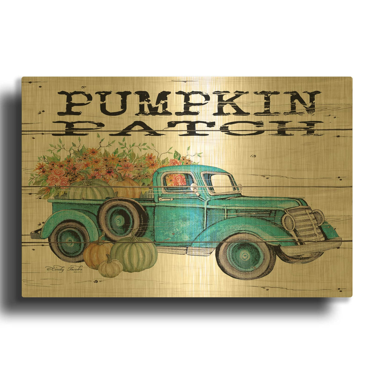 'Pumpkin Patch Truck' By Cindy Jacobs Gold Metal Wall Art